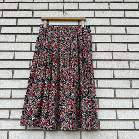 Vintage Essentials by Worthington Floral Midi Skirt Elastic Waist Pockets Cotton - Picture 1 of 9